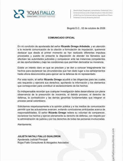 Comunicado oficial de Ricardo Orrego tras citación de Fiscalía por acoso sexual. Foto: @orregoricardo