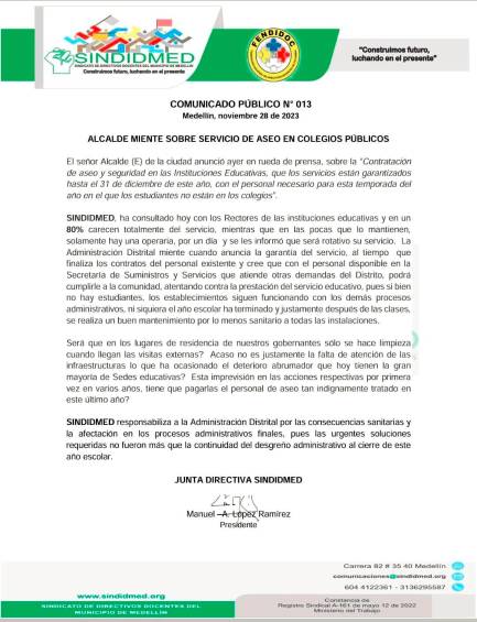 Sindicato de docentes desmintió al alcalde (e) de Medellín sobre contratos de personal de aseo