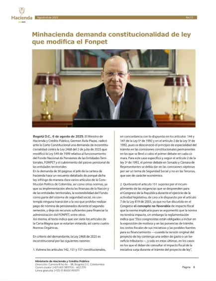 Ministerio de Hacienda demandó ante la Corte ley que modifica el Fondo de Pensiones