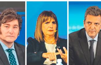 Los tres candidatos más opcionados en ganar la presidencia de Argentina son: Javier Milei (izq.) Patricia Bulrrich y Sergio Massa. FOTO: Cortesía 