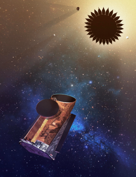 Una imagen ilustrativa del proyecto HWO (HabEx y el parasol “starshade”) en el espacio. FOTO: NASA