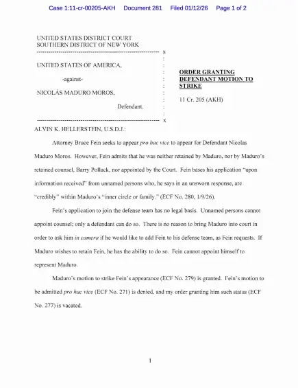 El juez Alvin Hellerstein ordenó expulsión de Bruce Fein del equipo de defensa de Maduro en Nueva York