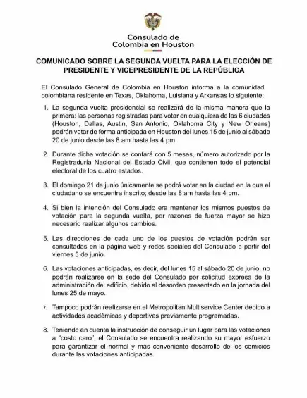 Comunicado del Consulado de Colombia en Houston.