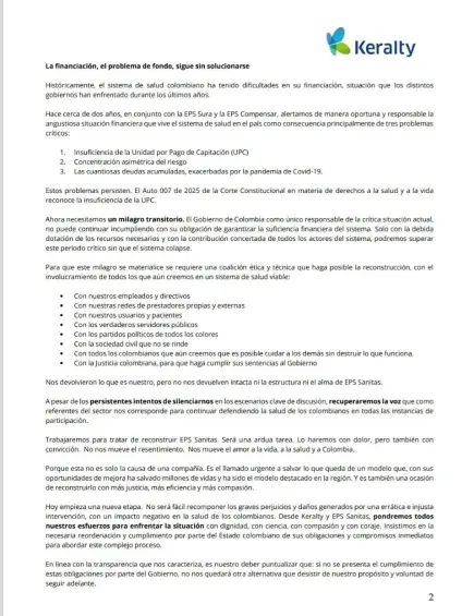 “Un día de duelo”: Keralty no se guardó nada en dura carta tras decisión de la Corte