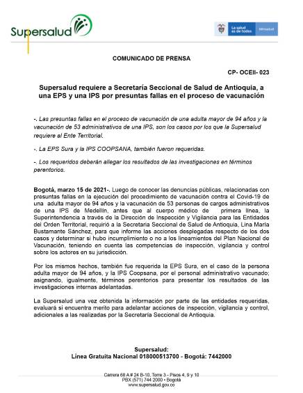 Supersalud investiga vacunación de administrativos en IPS en Medellín