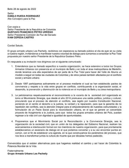 Los Pachelly indicaron que el llamado de Danilo Rueda debe ser extensivo a todos los grupos armados que tienen presencia en las zonas urbanas del Valle de Aburrá. FOTO CORTESÍA