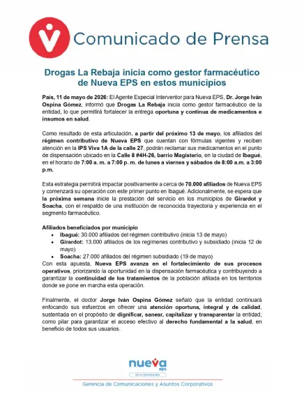Usuarios de Nueva EPS: Drogas La Rebaja entregará medicamentos en tres municipios del país