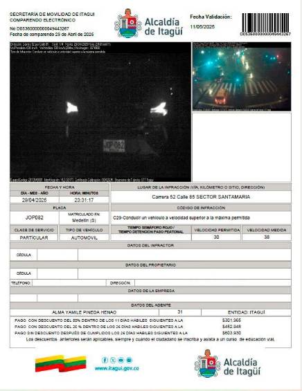 Este fue uno de los comparendos interpuestos por transitar a más de 30 y a menos de 50 kilómetros por hora en Itagüí. FOTO: CORTESÍA