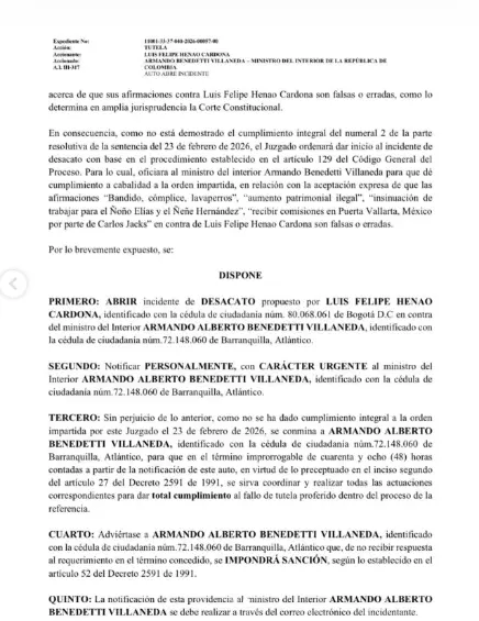 Bajo amenaza de desacato, Benedetti se retracta de sus señalamientos contra Luis Felipe Henao. Foto: Captura de pantalla Juzgado 40 Administrativo del Circuito de Bogotá