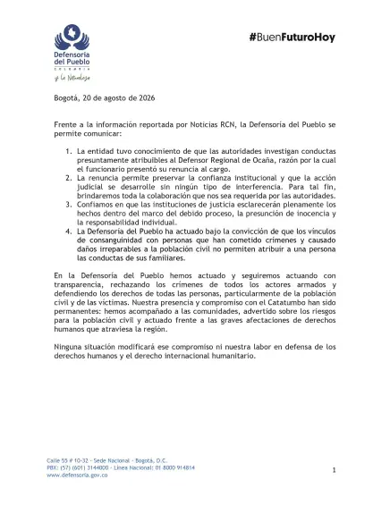Defensor regional de Ocaña renunció en medio de investigación por presunta filtración de información al ELN