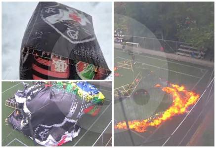 Globo de mecha por poco causa tragedia en Envigado: parte de una cancha sintética se incendió