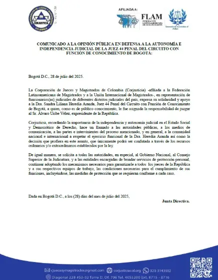 Comunicado oficial de Corjusticia. Imagen, redes sociales.