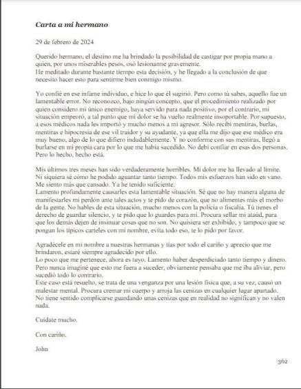 Esta es la última página del escrito que realizó Cano González y en la cual le hacía unas peticiones a su hermano. FOTO: CORTESÍA