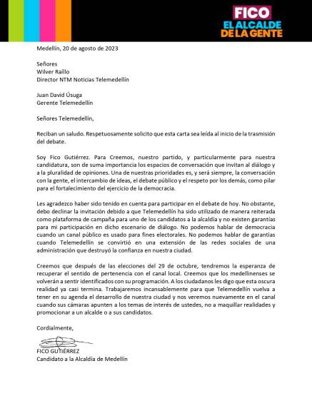 “Telemedellín es utilizado como plataforma de campaña”: Fico Gutiérrez no participará en el debate de candidatos