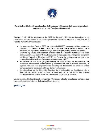 Aeronáutica activa búsqueda de avioneta desaparecida con cinco personas a bordo en la ruta Condoto - Guaymaral