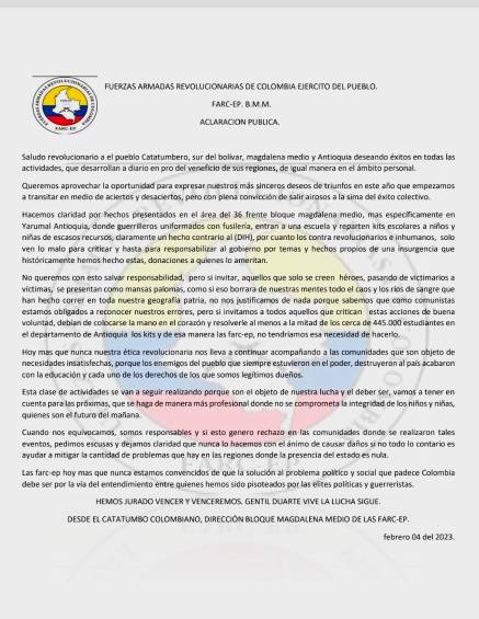 Este es el comunicado de las disidencias del frente 36 de las Farc