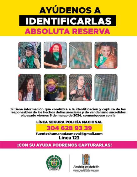 Este es el cartel que dio a conocer la Policía Metropolitana sobre las presuntas responsables de los desmanes en la movilización del pasado viernes. FOTO: CORTESÍA POLICÍA METROPOLITANA