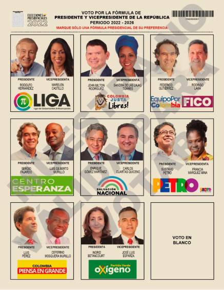 Este es el tarjetón electoral que le entregarán el 29 de mayo. FOTO CORTESÍA