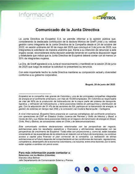 Carta de la junta directiva de Ecopetrol.