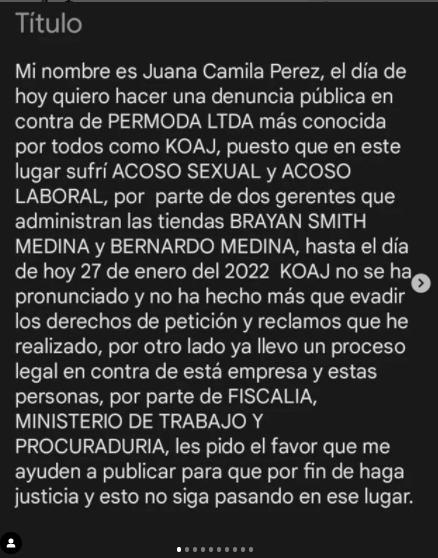 A través de una publicación en Instagram se conoció la denuncia de la exasesora de ventas. FOTO: Captura de pantalla.