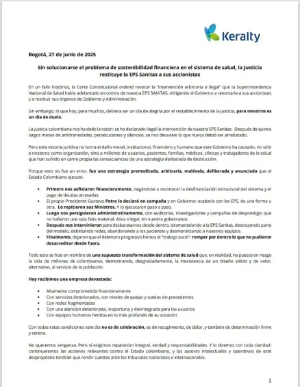 “Un día de duelo”: Keralty no se guardó nada en dura carta tras decisión de la Corte
