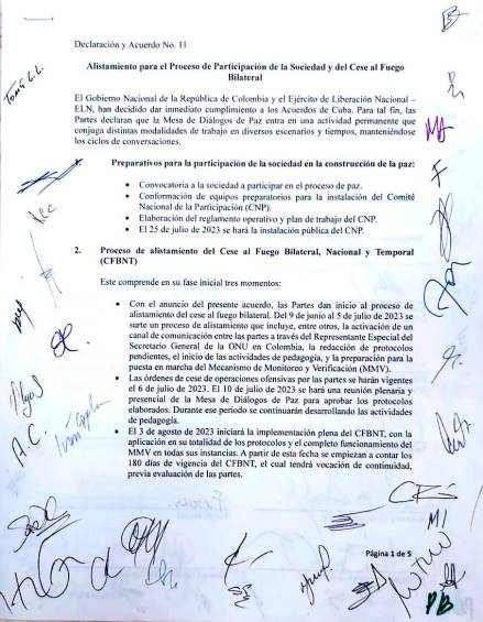 Este es el documento firmado por las delegaciones del gobierno y el ELN. FOTO CORTESÍA 