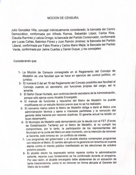 Concejo aplicaría moción de censura al alcalde encargado de Medellín para que no esté en la junta del Metro