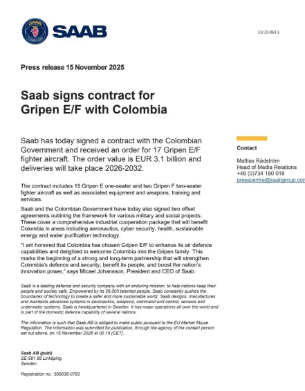 ¿Por qué Colombia pagó hasta un 55% más que Tailandia por los mismos aviones Gripen de la sueca Saab?