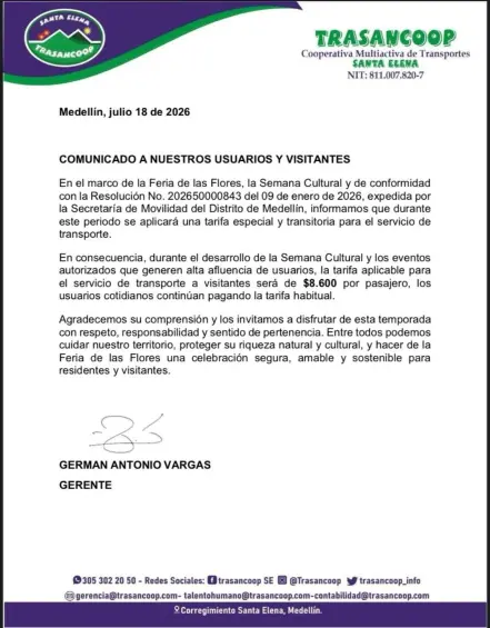 Este es el comunicado que emitió en redes sociales la cooperativa. FOTO: imagen tomada de redes.