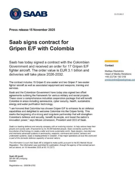 Compra de Colombia a la sueca Saab: ¿qué son los offsets y cuánto habría costado cada avión Gripen?