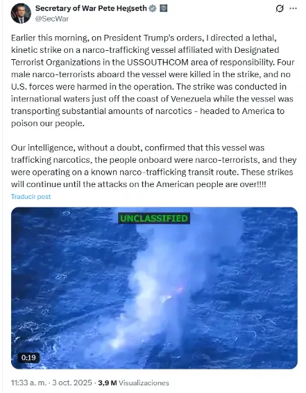 Video | Fuerza Naval de Estados Unidos destruyó la quinta lancha de narcos en el Caribe; ya van 21 muertos en ataques