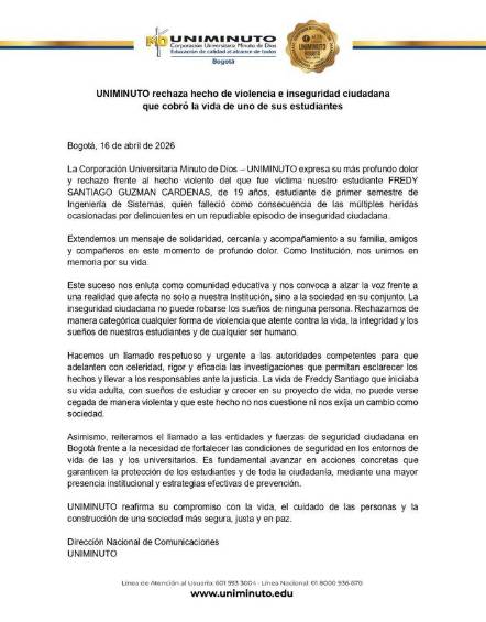 Uniminuto rechaza el hecho de violencia e inseguridad de Bogotá tras el asesinato de Fredy Santiago Guzmán. Foto: redes sociales