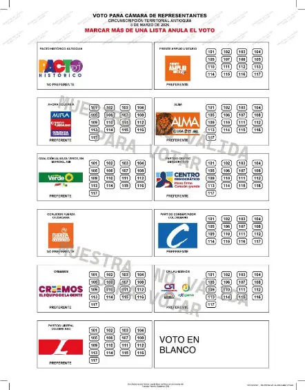 Tarjetón de la Cámara de Representantes por Antioquia. Foto: Registraduría Nacional.