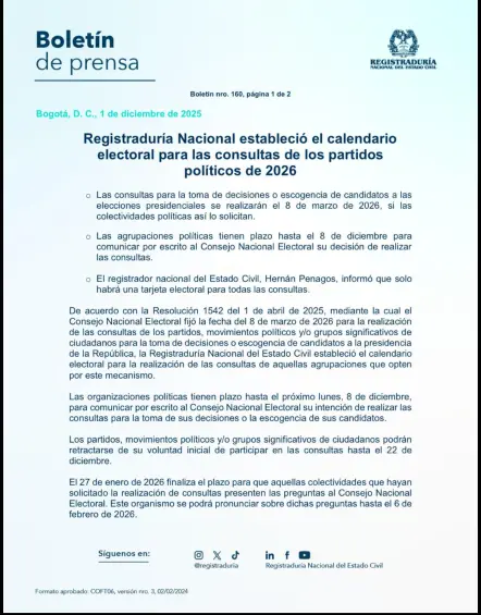 Calendario electoral 2026. Foto: Registraduría Nacional. 