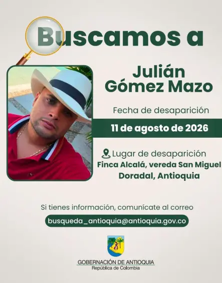 Julián Gómez Mazo, de 27 años, desapareció tras viajar a una finca de Puerto Triunfo, Antioquia, para participar en la selección de ganado. FOTO: Suministrada