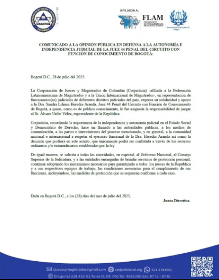 Comunicado oficial de Corjusticia. Imagen, redes sociales.