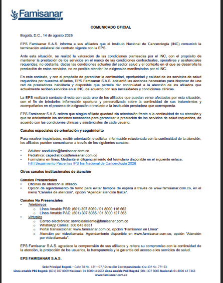 Comunicado oficial: Instituto Nacional de Cancerología ya no atenderá a afiliados de Famisanar. Foto: Famisanar