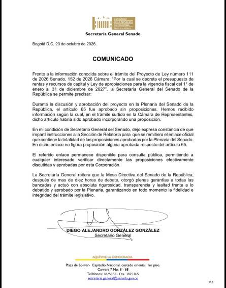Comunicado secretario general del Senado. Foto: @SenadoGovCo