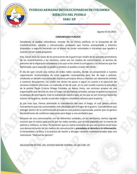 Este es el comunicado de las disidencias de las FARC. FOTO CORTESÍA