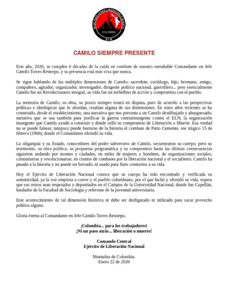 Comunicado emitido por el ELN el 23 de enero de 2026