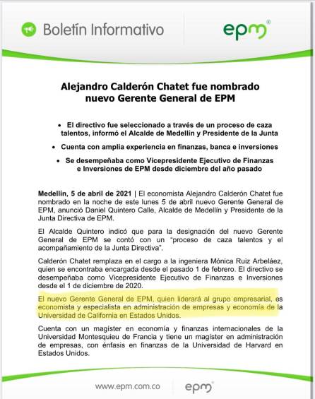 Este es el boletín informativo publicado en diferentes plataformas por EPM, el pasado 5 de abril, en el que habla de los estudios de Calderón en la Universidad de California. FOTO: CORTESÍA.