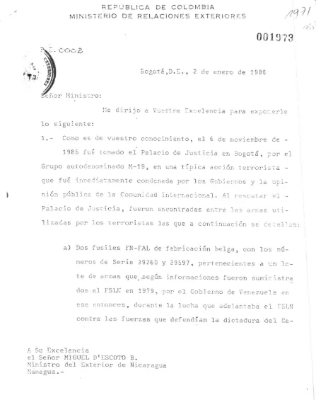 Carta enviada por Colombia a Nicaragua en relación con las armas halladas en el Palacio de Justicia. Archivo obtenido por EL COLOMBIANO.