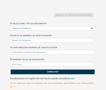 Captura de pantalla del sitio habilitado por la registraduría para la inscripción de cédulas.