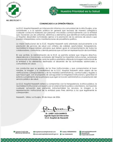 Comunicado de La E.S.E. Hospital de Nazareth. Foto: redes sociales