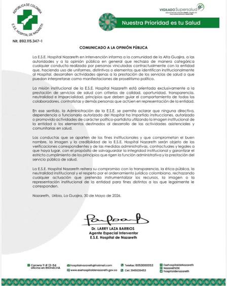 Comunicado Hospital Nazareth de La Guajira. FOTO: Cortesía