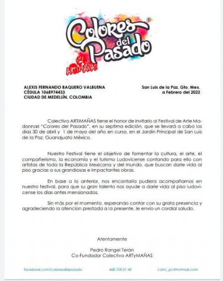 Artista colombiano busca apoyo para participar en evento cultural en México