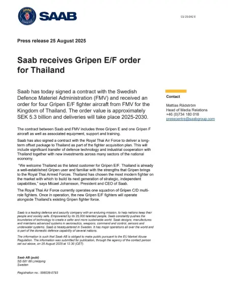 ¿Por qué Colombia pagó hasta un 55% más que Tailandia por los mismos aviones Gripen de la sueca Saab?