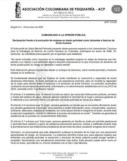 Comunicado de la Asociación Colombiana de Psiquiatría, ACP.