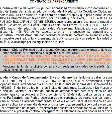 Contrato de arriendo con el consulado venezolano.