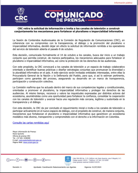 El comunicado de la CRC sobre el tema. FOTO: REDES SOCIALES